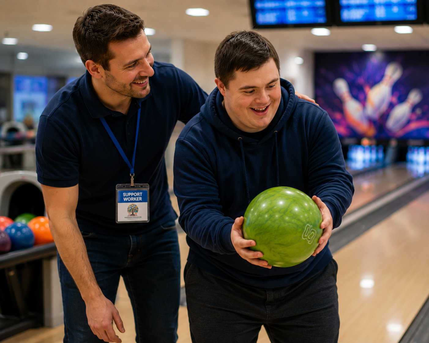 Support worker and client bowling