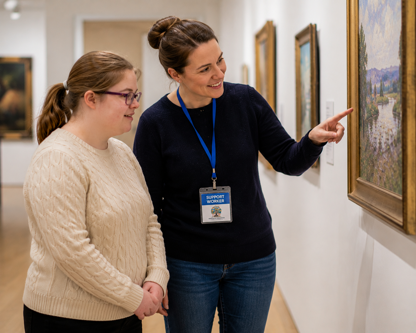 Support worker and client at an art gallery