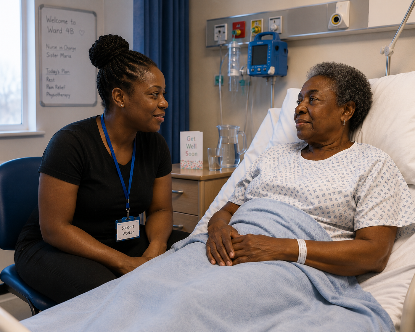 Support worker visiting a client in hospital